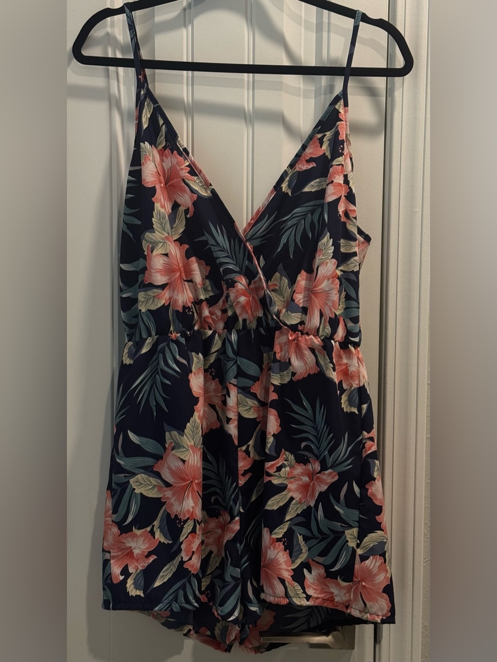 SHEIN Navy Floral V-Neck Spaghetti Romper with Pink Print